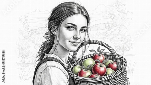 Harvest bounty: A portrait of a woman, radiating a gentle smile, cradles a brimming basket of fresh apples, painted with intricate details of farm, orchard.