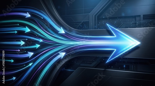 Flowing arrows converging into one unified direction, sleek abstract composition, cool gradients, crisp shadows and a powerful atmosphere of alignment, momentum, and strategic success,