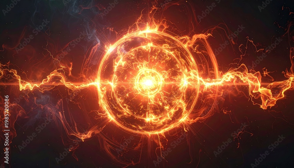 Obraz premium Bright Orange Energy Orb With Electric Sparks And Star Dust