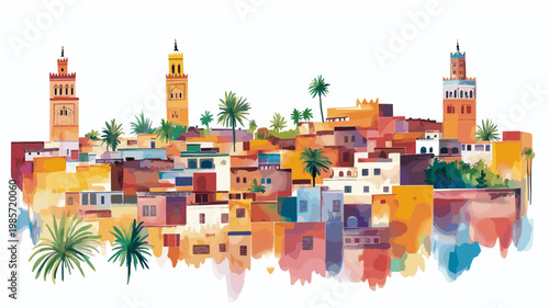 Marrakech Medina. Marrakech Medina hand drawn watercolor illustration on white background