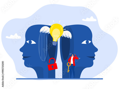 Unlock true potential or new mindset,think about new idea, creativity key to success or career achievement,businessman open head with golden key to unlock potential in human brain.