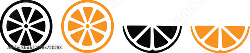 Orange Slice Icon Set Vector Illustration, Citrus Fruit Round and Half Slice Symbols in Black and Orange