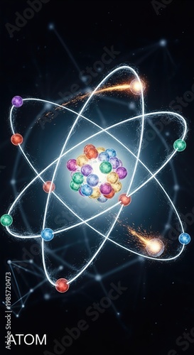 Atom, atomic structure depicting central nucleus, orbiting electron shell, proton neutron particle, energy level, quantum physics model, chemistry theory, scientific diagram, subatomic component.