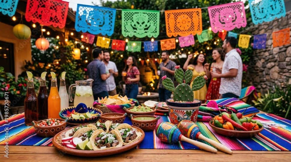 Fototapeta premium A festive Mexican party arrangement with papel picado, maracas, tacos, chili peppers, cactus accents, and bright textiles, vibrant colors and joyful celebratory atmosphere, ultra-realistic, no logos.