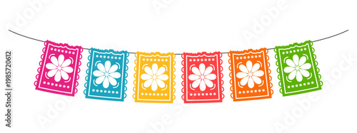 Traditional colorful Mexican papel picado garland with floral patterns. Ideal for fiesta, Cinco de Mayo, and Day celebrations. Decorative hanging banner on a white background.