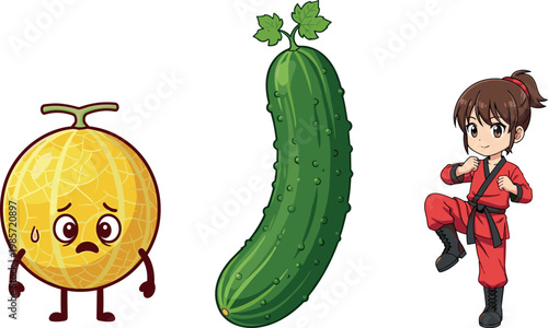 Cute melon character with cucumber vegetable and martial arts girl vector illustration cartoon food and kids activity concept set