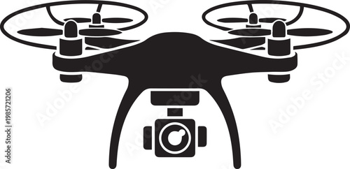 Quadcopter drone with camera mounted on underside for aerial photography