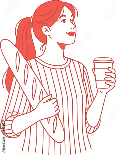 Minimalist red line art vector illustration of a happy young woman holding a fresh baguette and coffee for morning lifestyle.