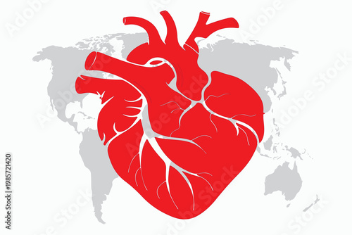 Global heart illustration merging anatomy and world map, symbolizing unity and health awareness.
