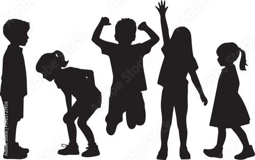 Five children silhouettes displaying various dynamic poses and actions.