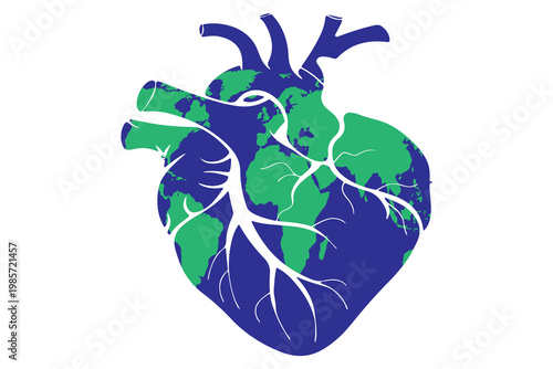 Global heart illustration merging anatomy and world map, symbolizing unity and health awareness.