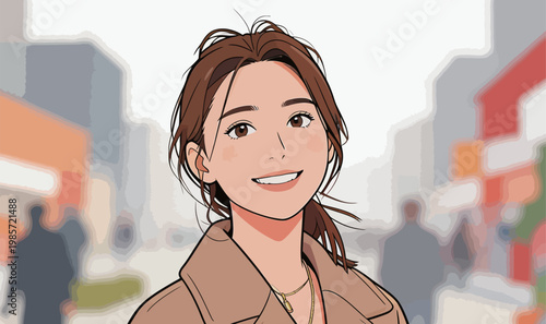 Smiling Woman in Trench Coat at Urban Street