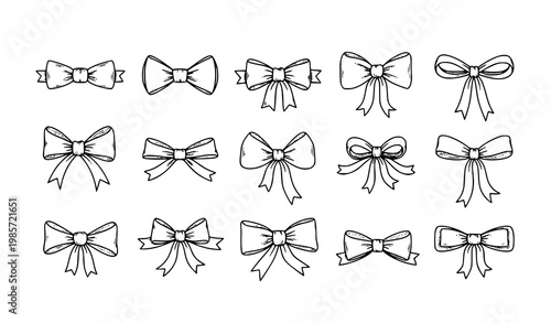 Hand drawn black ribbon bow set decorative bowknot vector illustration