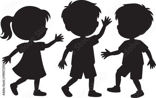 Three children waving and walking in a friendly manner