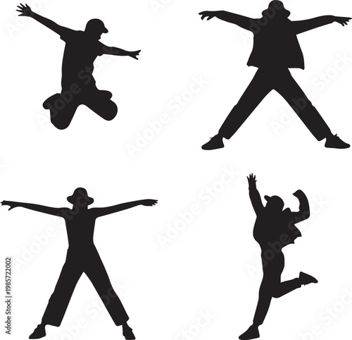 Four dynamic silhouettes showcasing different joyful jumping poses in motion