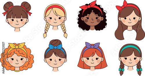 Cute Vector Illustrations of Girls with Colorful Hairbands and Hairstyles Including Buns, Braids, and Curly Hair for Kids' Design Projects