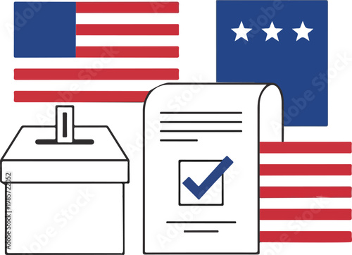 United States election process with a ballot box, marked paper, and American flag symbolizing democracy and civic participation.