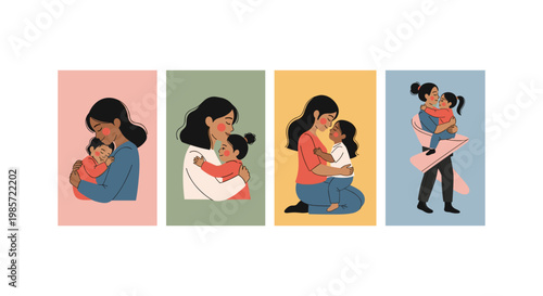 Four illustrated women in different poses, wearing hijabs and colorful dresses woman sitting standing