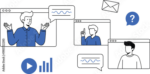 Minimalist vector illustration of people in browser windows for online meeting video conferencing webinar remote work and digital business communication.