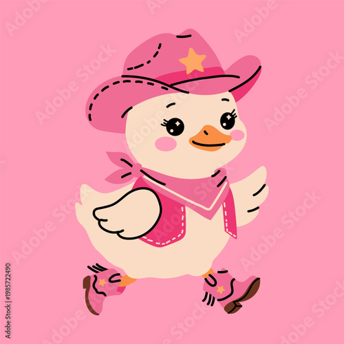 Cute Cowgirl Duck Cartoon Illustration on Pink Background
