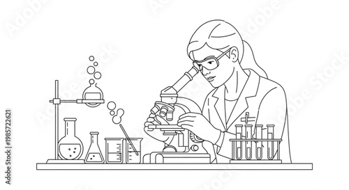 Scientist researching with microscope in laboratory with test tubes and beakers test tube scientist microscope laboratory research experiment analysis glassware chemical chemistry medicine