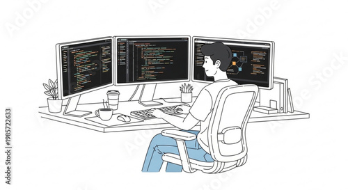Programmer working on computer with multiple monitors displaying code programmer computer software developer technology keyboard business internet programming information application