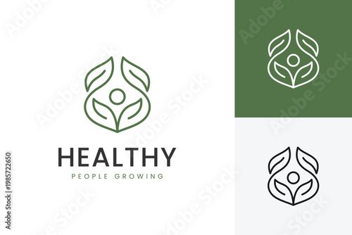 Healthy Wellness Logo with Leaf Human Growth Concept for Healthcare and Eco Lifestyle Branding