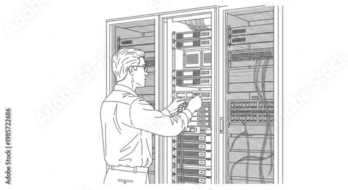 Technician working with server racks in data center server room technician computer technology equipment hardware electronics information business infrastructure maintenance installation