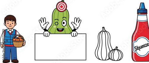 Cute vegetable characters with blank sign boy holding basket and sauce bottle vector illustration food concept design set