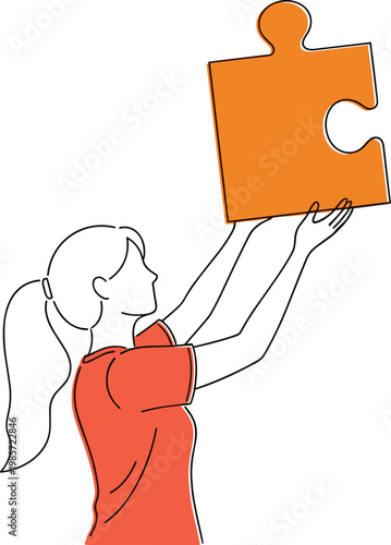 Minimalist vector line art of a woman holding a large orange jigsaw puzzle piece representing a solution and business achievement.