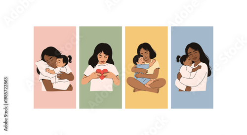Four diverse women in colorful backgrounds using smartphones and tablets, flat woman computer pink