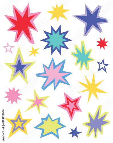 Set of colorful abstract star shapes in retro pop art style. Bright decorative elements with different forms and outlines, isolated on light background. Perfect for posters, stickers, prints