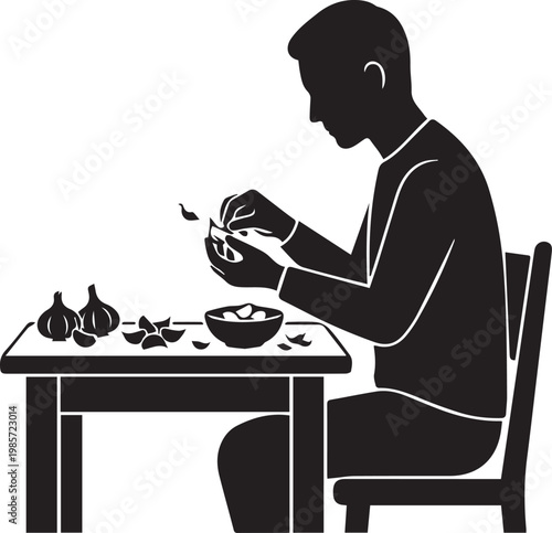 Man Peeling Garlic at Table Silhouette Illustration