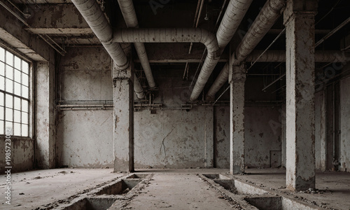 Industrial abandoned factory interior showing overhead pipes and floor foundations in a defunct paper mill with light from a window