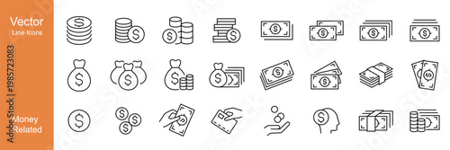 Money Related Icons - Vector Line. Editable Stroke.