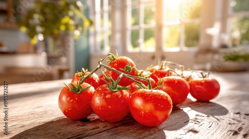 Fresh Red Tomatoes Growing on a Vine in Natural Sunlight Kitchen