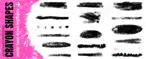 Charcoal brushstroke highlight and underline shapes in black. Crayon kid line strokes with rough brush pencil marks. Hand drawn vector charcoal set with brush stroke oval elements isolated on white.