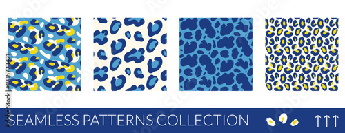 Animal spot seamless pattern with leopard rosette in blue and yellow. Bold summer animalistic print with retro on mediterranean backdrop. Flat vector collection of cheetah skin motifs for apparel.
