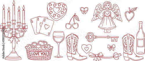 Red line art vector illustration set of romantic Valentine symbols featuring hearts angel cowboy boots wine candles and love motifs.