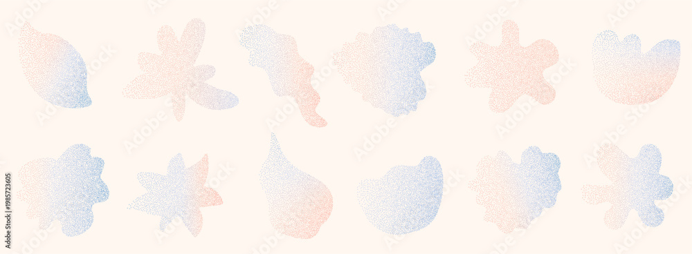 Naklejka premium Grain textured flower and leaves gradient shapes. Gentle florals set with soft blur pastel gradation. Organic noise trendy icons for y2k design. Vector grainy wildflowers isolated on beige background.