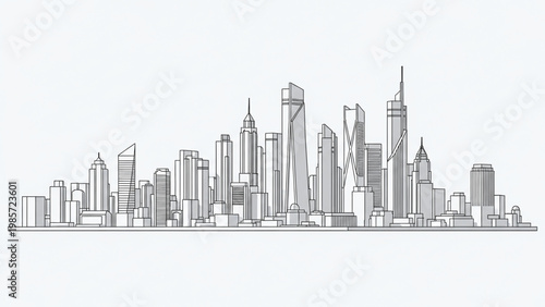A black and white line drawing of a city skyline with many skyscrapers and tall buildings on a white background.