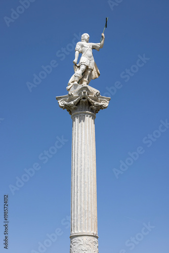 Column with statue of Saint Germanus on Constitution Square in front of Earth Gate, Cadiz, Spain, Andalusia