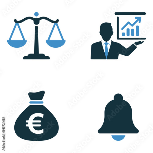 Vector of business and finance icons including a scale, presentation, money bag, and alarm bell.
