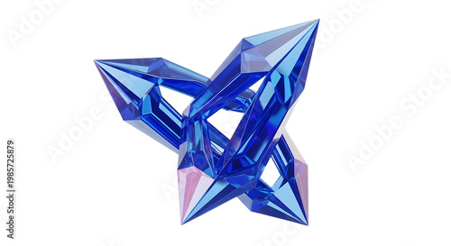 3d blue crystal butterfly with geometric facets isolated on transparent background