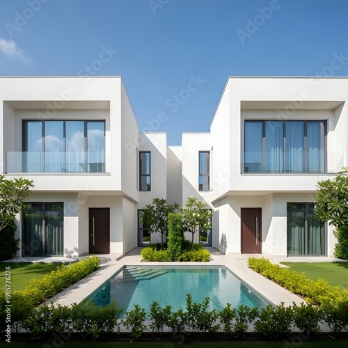 Modern white two-story townhouses with rectangular pool and glass doors on a sunny day.