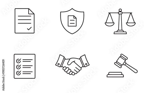 Legal icons showing document shield scale checklist handshake and gavel in simple line style