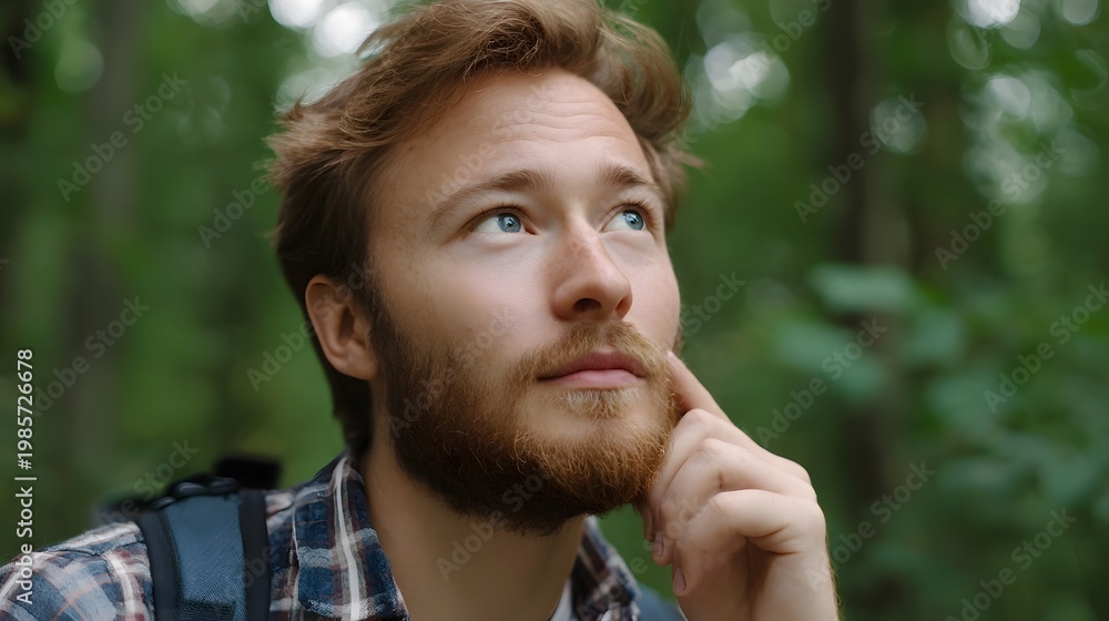 Fototapeta premium A thoughtful man pausing in a natural forest environment looking up and contemplating his thoughts or next journey