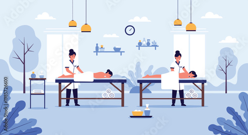 Serene spa interior with professional therapists providing relaxing body massages to two clients on separate massage tables.