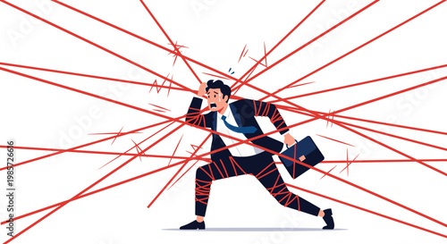 Stressed businessman in a suit trying to escape from many entangled red lines representing bureaucratic hurdles and complex problems.