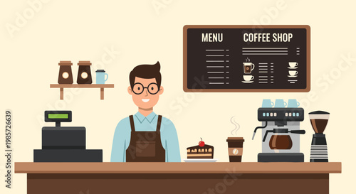 Smiling young male barista wearing an apron standing behind a coffee shop counter equipped with a cash register and espresso machine.